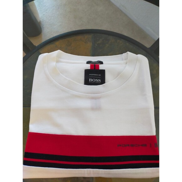 Porsche x Hugo Boss Red Black Stripe Logo White Designer Shirt Size Large
